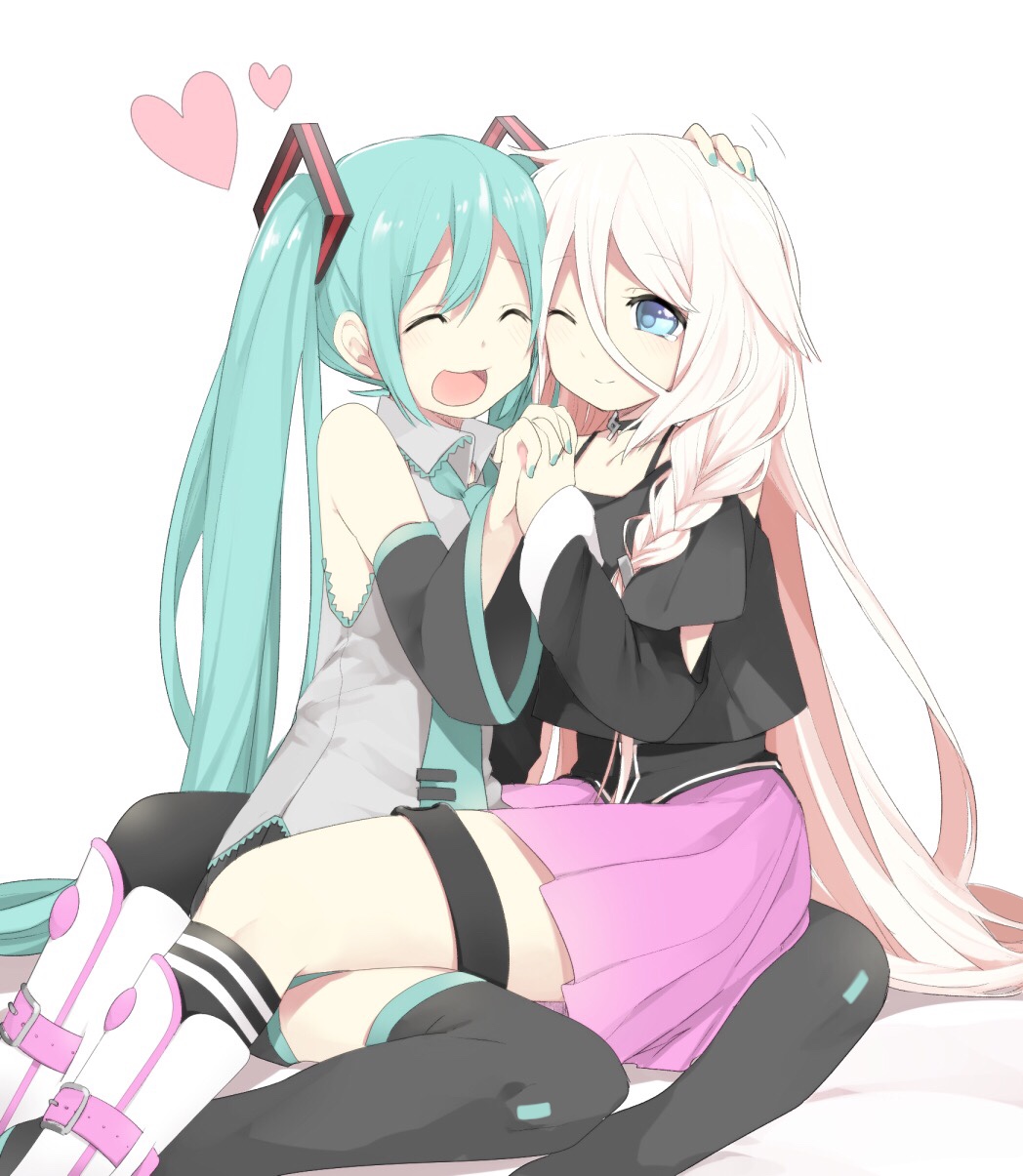 2girls, aqua_hair, black_socks, blonde_hair, blue_eyes, blue_hair, boots, braid