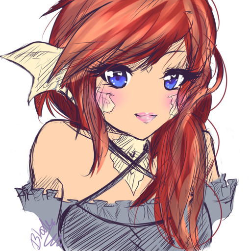 10s, 1girl, :3, animal_ears, artist_name, au_ra, au_ra_raen, bare_shoulders, blue_eyes, blush, borrowed_character, criss-cross_halter, dragon_ears, dragon_girl, dress, eyelashes, female_focus, final_fantasy, final_fantasy_xiv, halterneck, horns, lapora_belle, lips, lipstick, long_hair, looking_at_viewer, makeup, pink_lips, portrait, red_hair, signature, simple_background, sketch, solo, straight_hair, tinyqote, white_background