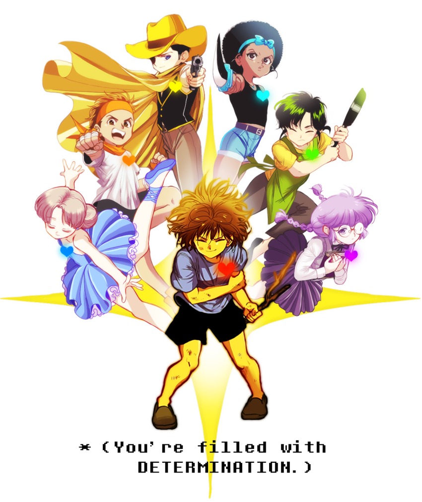 3boys, 3girls, afro, androgynous, apron, bad_id, bad_pixiv_id, ballerina, bandana, braid, bravery_(undertale), brown_hair, cape, child, closed_eyes, dark_skin, english_text, frisk_(undertale), frying_pan, glasses, gun, hair_ribbon, handgun, heart, highres, human_souls_(undertale), integrity_(undertale), jungyun99, justice_(undertale), kindness_(undertale), knife, multiple_boys, multiple_girls, notebook, original, patience_(undertale), perseverance_(undertale), pistol, ribbon, scarf, school_uniform, shirt, shorts, spoilers, t-shirt, tank_top, tutu, twin_braids, undertale, utdr_(toby_fox), weapon