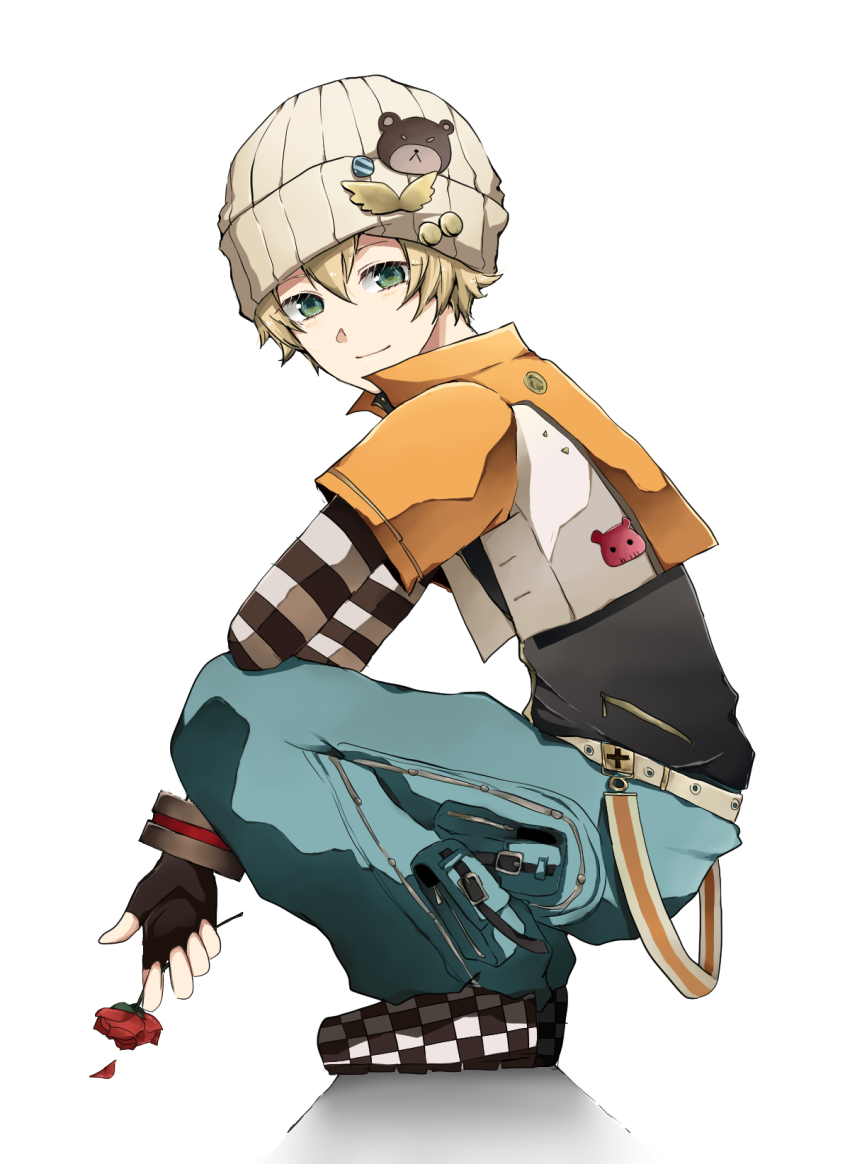 10s, 1boy, beanie, bear_pin, black_shirt, blonde_hair, blouse, cargo_pants