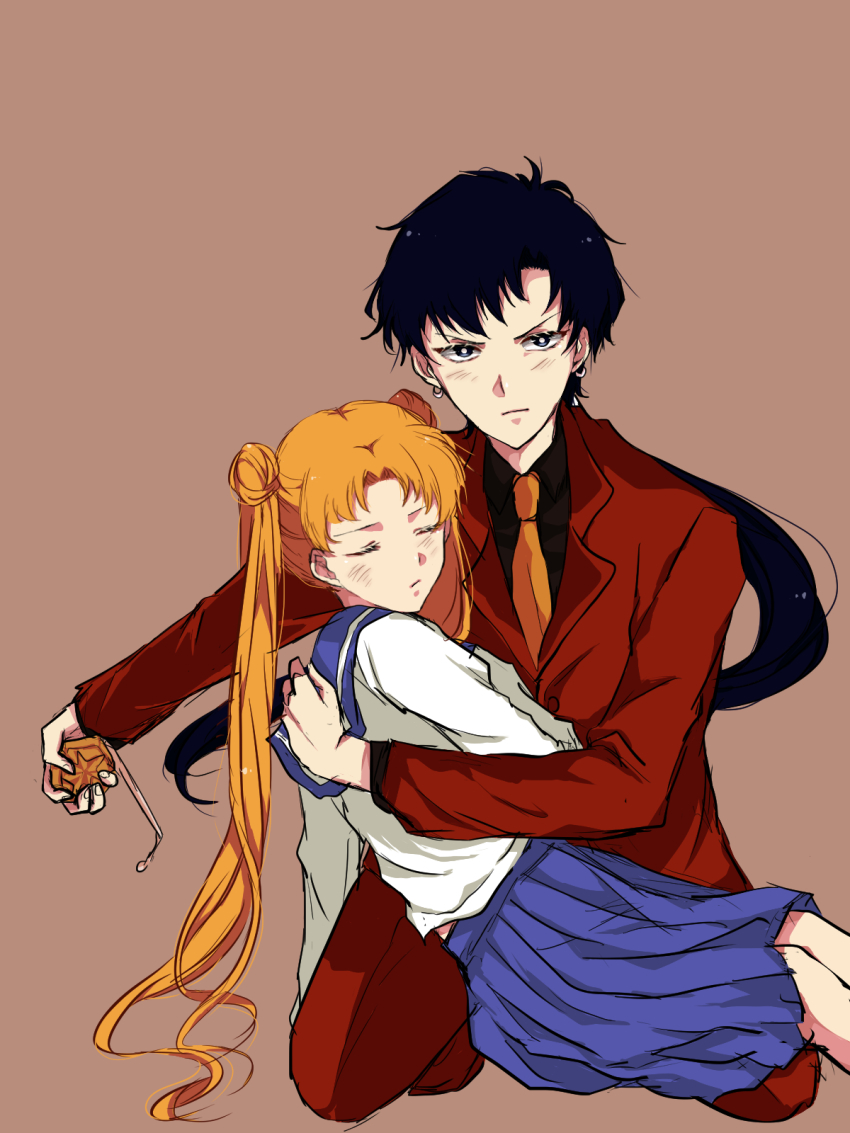 2girls, bishoujo_senshi_sailor_moon, bishoujo_senshi_sailor_moon_sailor_stars, black_eyes, black_hair, blonde_hair, crescent, crescent_earrings, double_bun, earrings, closed_eyes, formal_clothes, frown, highres, holding, jewelry, miyashita_(ennatu72105), multiple_girls, necktie, pleated_skirt, ponytail, reverse_trap, school_uniform, seiya_kou, serafuku, skirt, suit, tsukino_usagi, twintails