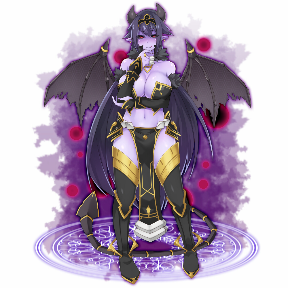 1girl, bare_shoulders, black_hair, black_sclera, breasts, brll, colored_sclera, colored_skin, demon_girl, demon_wings, detached_sleeves, female_focus, full_body, large_breasts, long_hair, navel, purple_skin, solo, standing, tachi-e, tokyo_tenma, very_long_hair, white_background, wings