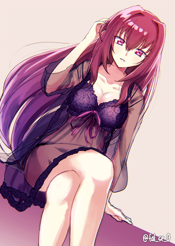 1girl, breasts, cleavage, crossed_legs, fal_(fal-se-0), fate/grand_order, fate_(series), female_focus, long_hair, medium_breasts, nightgown, purple_hair, red_eyes, scathach_(fate), sitting, solo, very_long_hair