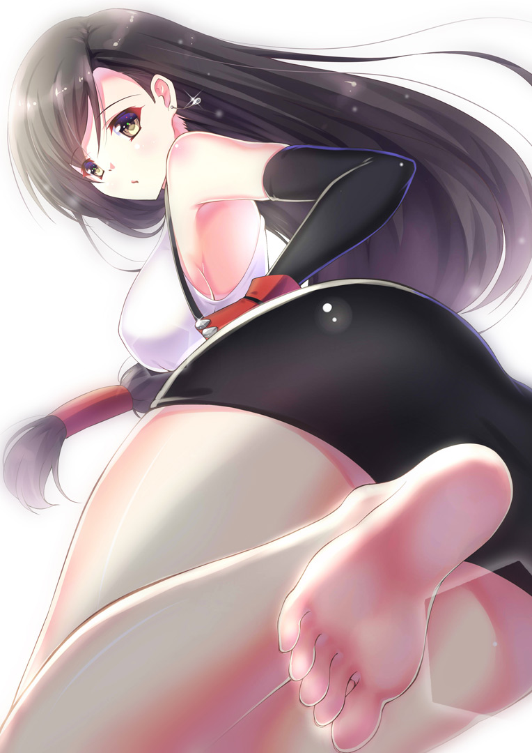 1990s_(style), 1girl, ame_wa_a_ga_tsutano?, armpits, ass, barefoot, black_hair, breasts, brown_eyes, earrings, elbow_gloves, feet, female_focus, final_fantasy, final_fantasy_vii, foot_focus, foreshortening, gloves, jewelry, legs, long_hair, looking_back, low-tied_long_hair, miniskirt, retro_artstyle, sideboob, simple_background, skirt, soles, solo, suspenders, tank_top, tifa_lockhart, toes, white_background