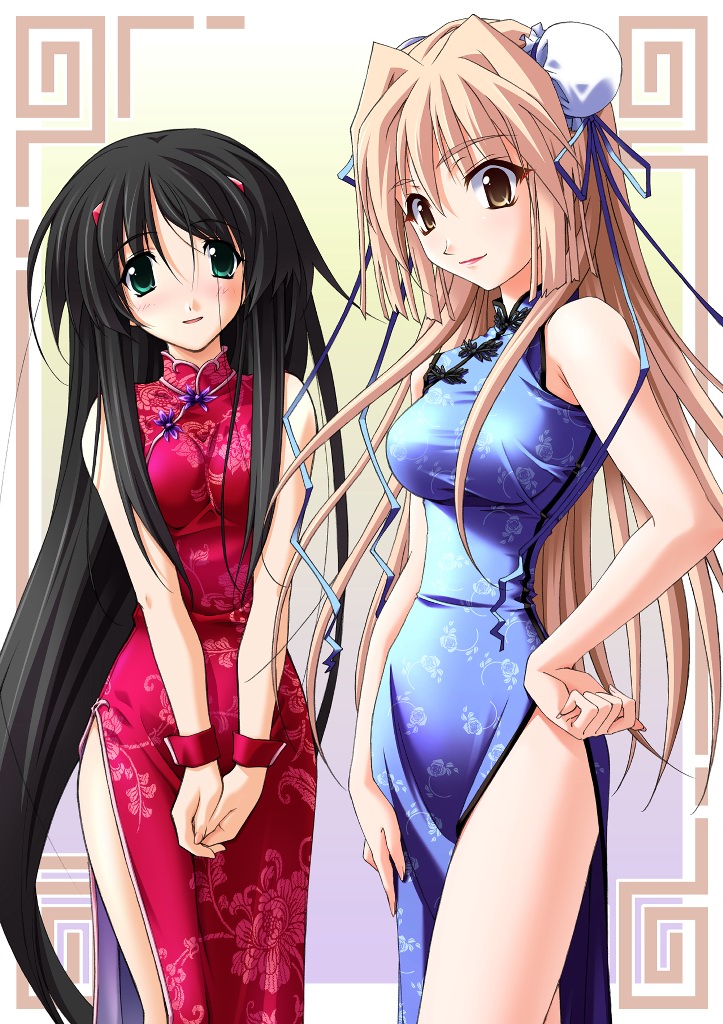 2girls, black_hair, blonde_hair, blush, brown_eyes, bun_cover, china_dress, chinese_clothes