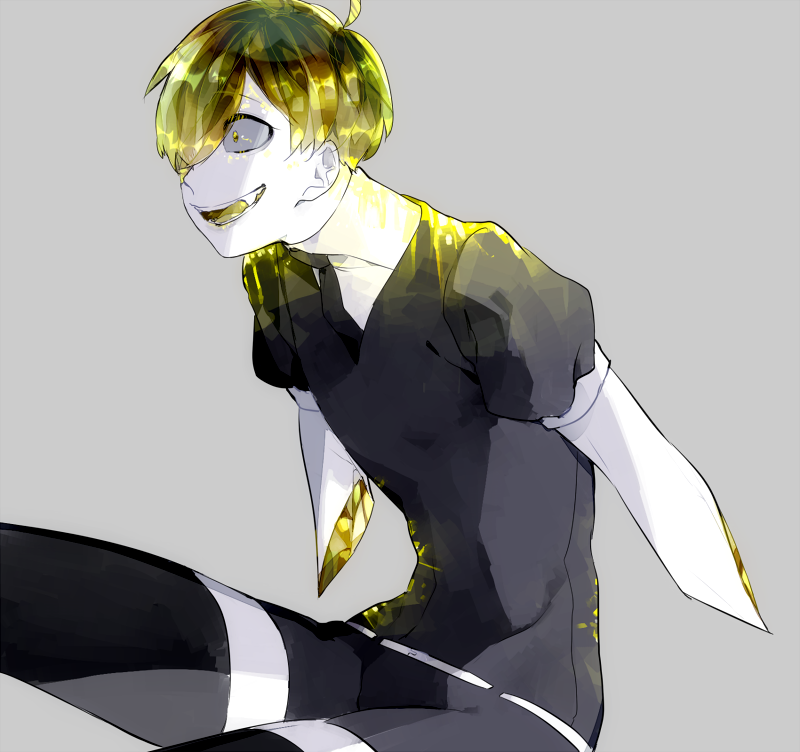 10s, 1boy, :d, alternate_costume, alternate_eye_color, alternate_hair_color, amputee, belt