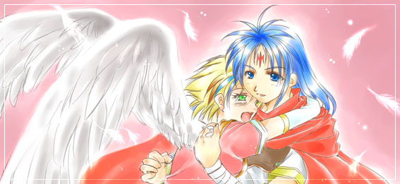 1boy, 1girl, angel_wings, blonde_hair, blue_eyes, blue_hair, breath_of_fire, breath_of_fire_i