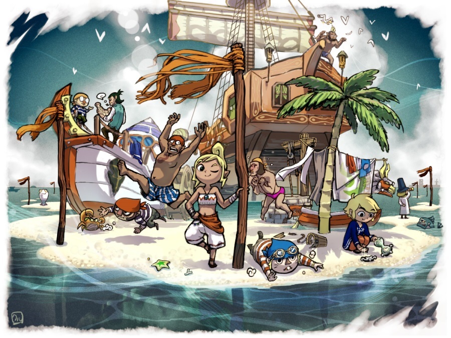 1girl, alternate_costume, bad_id, bad_pixiv_id, bandana, beach, boat, dark_skin, gonzo_(zelda), island, kuruuya, linebeck, link, mako_(zelda), multiple_boys, niko_(zelda), nintendo, ocean, palm_tree, sand, starfish, tetra, the_king_of_red_lions, the_legend_of_zelda, the_legend_of_zelda:_phantom_hourglass, the_legend_of_zelda:_the_wind_waker, toon_link, tree, watercraft, zuko_(zelda)