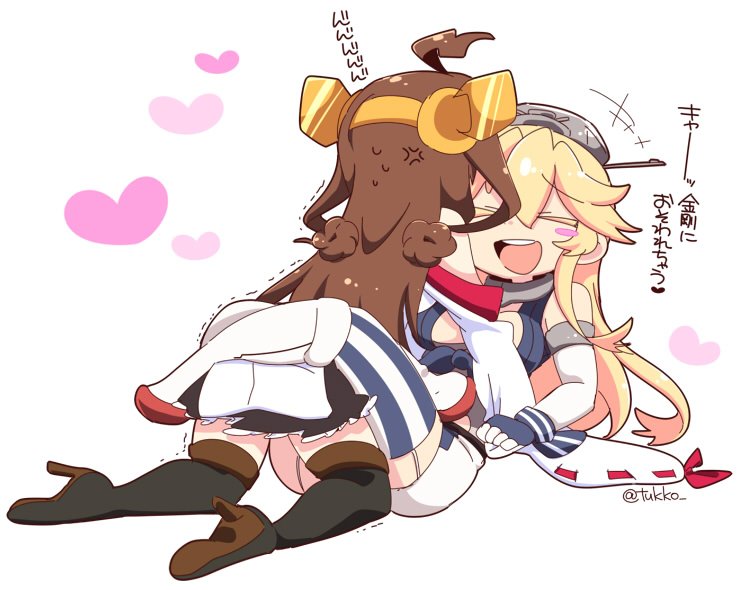 >_<, +++, 10s, 2girls, :d, ahoge, all_fours, anger_vein, blonde_hair, blush_stickers, brown_hair, closed_eyes, commentary_request, garter_straps, heart, high_heels, iowa_(kancolle), kantai_collection, kongou_(kancolle), leg_lock, lying, multiple_girls, on_back, open_mouth, smile, striped_clothes, striped_legwear, striped_thighhighs, thighhighs, translation_request, trembling, tsukko_(3ki2ne10), twitter_username, vertical-striped_clothes, vertical-striped_thighhighs, xd, yuri