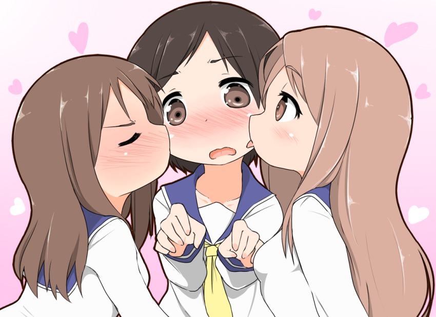 3girls, aikawa_chiho, blush, brown_eyes, brown_hair, kissing_cheek, licking_another's_cheek, closed_eyes, licking_another's_face, girl_sandwich, hasegawa_fumi, heart, kiss, licking, multiple_girls, okano_kei, open_mouth, profile, sandwiched, school_uniform, serafuku, tongue, tongue_out, watage_(lucky_yyg), wavy_mouth, yuri, yuyushiki