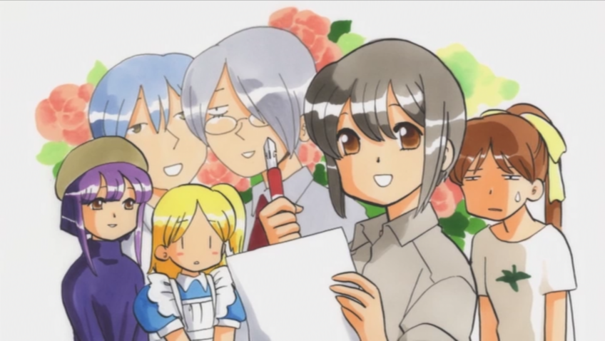 00s, 2boys, 4girls, anime_screenshot, doujin_work, end_card, hoshi_jun'ichirou, justice_(doujin_work)