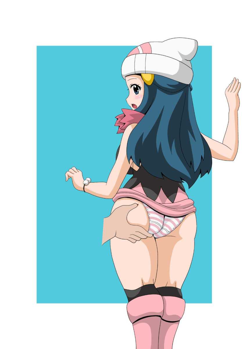 1girl, ass, ass_grab, blue_eyes, blue_hair, blush, dawn_(pokemon), from_behind