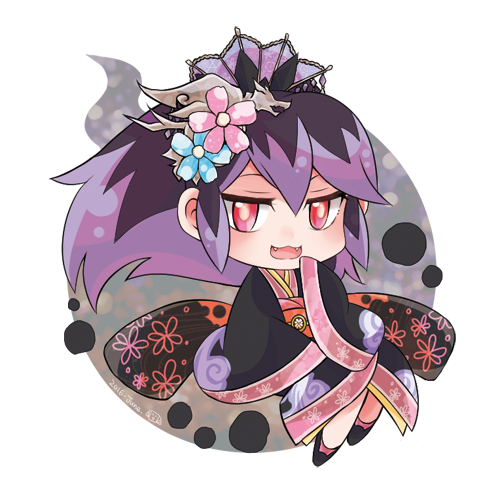 1girl, bad_id, bad_pixiv_id, cloud_print, cosplay, da_qiao_(real_life), da_qiao_(real_life)_(cosplay), fangs, female_focus, floral_print, full_body, hair_ornament, hyakkihime, long_hair, long_sleeves, lowres, multicolored_hair, open_mouth, pink_eyes, ponytail, purple_hair, sleeves_past_wrists, solo, traditional_youkai, transparent_background, two-tone_hair, wagahaihapan, white_background, youkai_sangokushi, youkai_watch