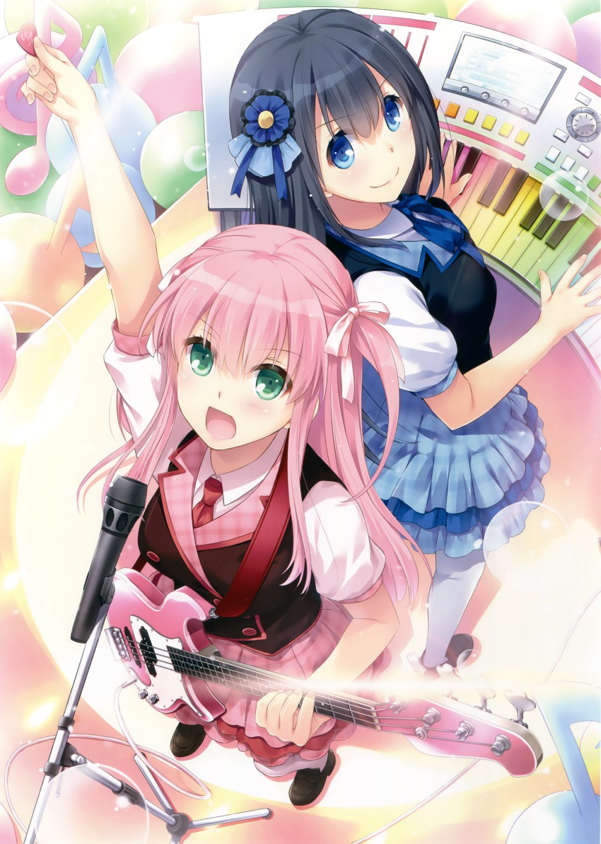 2girls, :d, absurdres, arm_up, bass_guitar, black_hair, blazer, blue_eyes