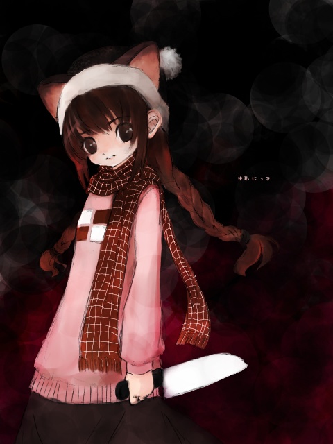 1girl, 27s_(funakoshi), animal_ears, blouse, braid, cat_ears, female_focus, head_tilt, knife, madotsuki, md5_mismatch, pink_shirt, scarf, shirt, solo, striped_clothes, striped_scarf, twin_braids, yume_nikki