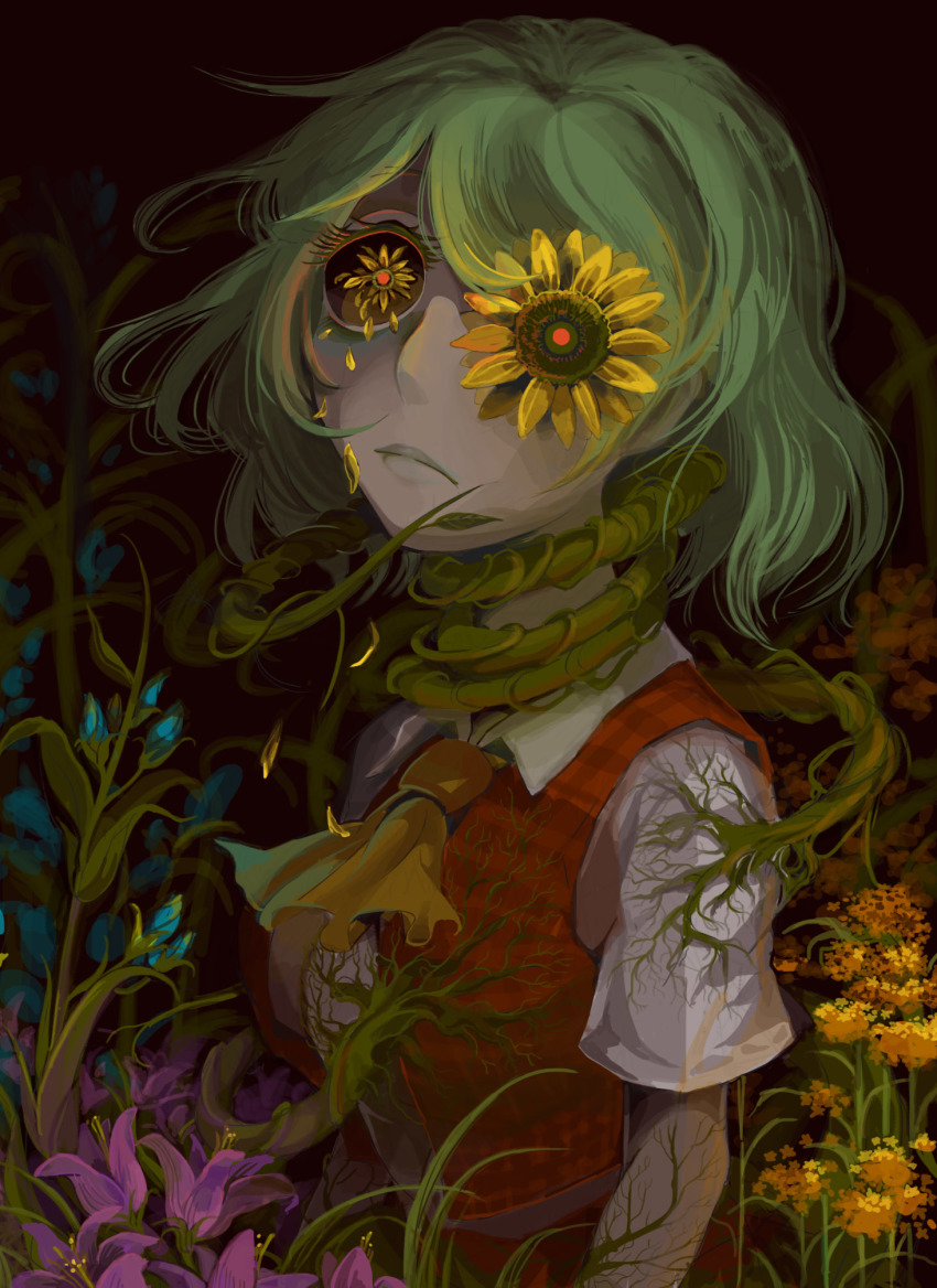 1girl, ascot, breasts, collared_shirt, creepy, expressionless, female_focus, flower, flower-shaped_pupils, flower_eyepatch, flower_over_eye, flower_request, green_hair, highres, horror_(theme), kazami_yuuka, looking_at_viewer, looking_to_the_side, open_clothes, open_vest, pale_skin, petals, plaid_clothes, plaid_skirt, plaid_vest, plant, plant_growth, red_pupils, red_skirt, red_vest, sakamoto_(pompa), shirt, short_hair, short_sleeves, skirt, solo, symbol-shaped_pupils, touhou, upper_body, vest, vines, white_shirt, wind, wrapped_up