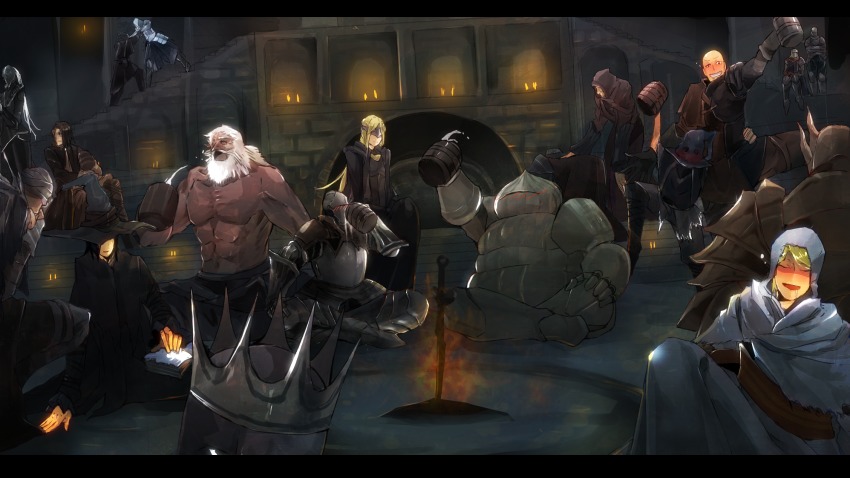 6+boys, 6+girls, alcohol, andre_of_astora, anri_of_astora, armor, ashen_one_(dark_souls), bad_id, bad_pixiv_id, bandages, beard, blonde_hair, blush, bonfire, candle, cape, cloak, closed_eyes, cornyx_of_the_great_swamp, crown, cup, dark_souls_(series), dark_souls_iii, everyone, eygon_of_carim, facial_hair, fire_keeper, full_armor, gauntlets, gloves, greirat_of_the_undead_settlement, hawkwood_(dark_souls), helmet, highres, horace_the_hushed, irina_of_carim, jewelry, karla_(dark_souls_iii), leonhard_(dark_souls), long_hair, ludleth_of_courland, mask, mono_(jdaj), mug, multiple_boys, multiple_girls, orbeck_of_vinheim, party, patches_(fromsoftware), saliva, shrine_handmaid, siegward_of_catarina, sirris_of_the_sunless_realms, sitting, topless_male, vomiting, white_hair, yuria_of_londor