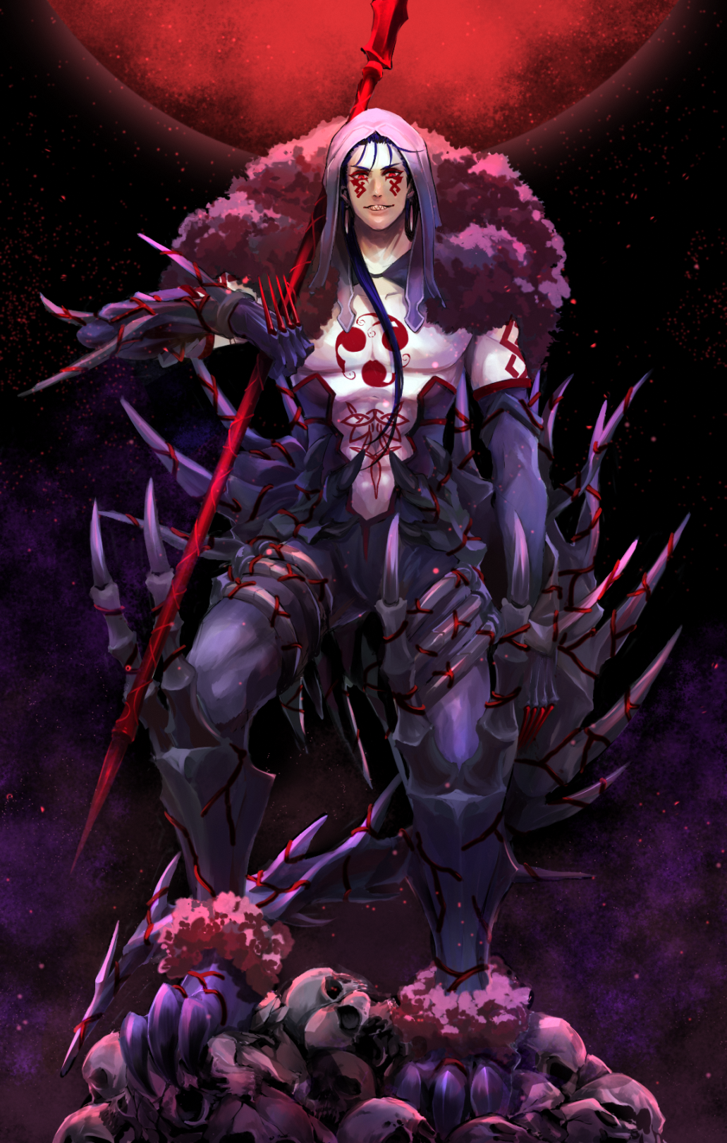 1boy, armor, bare_pectorals, black_gloves, blue_hair, boorunrun, chest_tattoo, cu_chulainn_(fate)