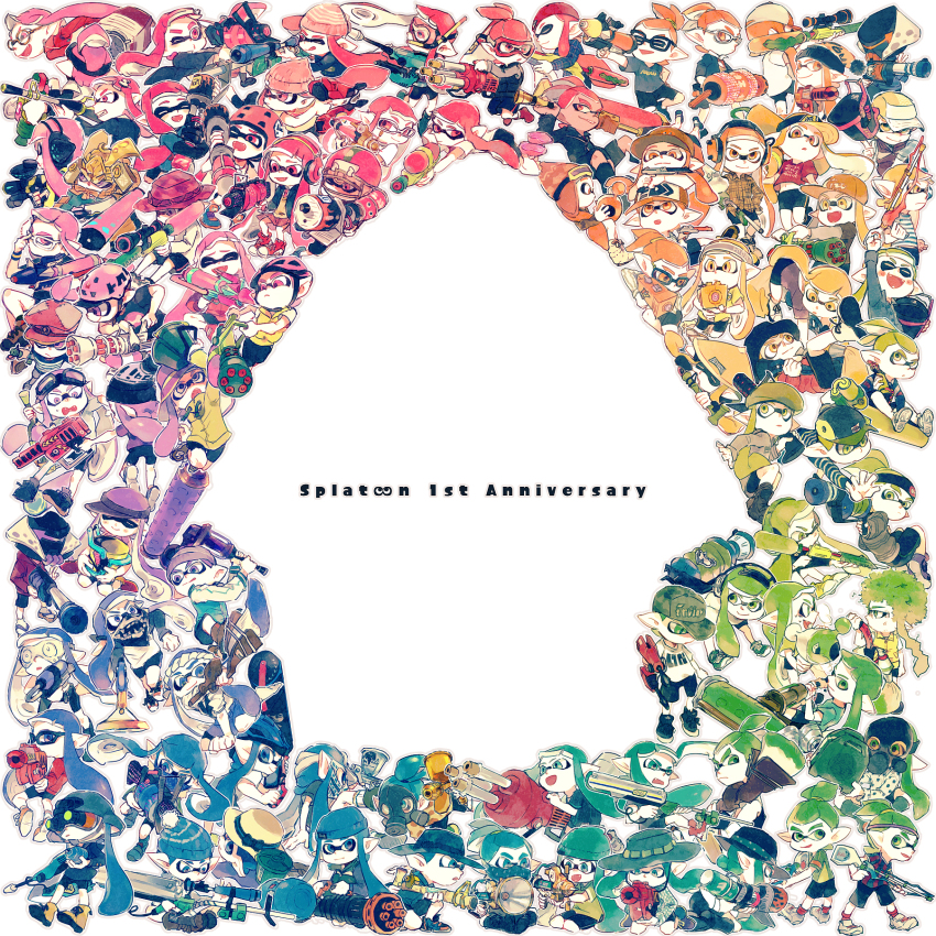 .52_gal_(splatoon), .96_gal_(splatoon), 6+boys, 6+girls, adjusting_eyewear, aerospray_(splatoon), american_football_helmet, anniversary