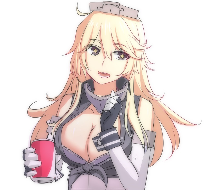 10s, 1girl, blonde_hair, breasts, cleavage, coca-cola, female_focus, gloves