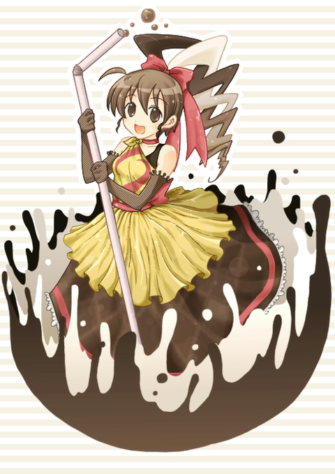 1girl, ahoge, asaesaya, brown_dress, brown_eyes, brown_gloves, brown_hair, bubble