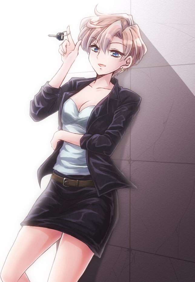 1girl, against_wall, asaesaya, belt, bishoujo_senshi_sailor_moon, blonde_hair, blue_eyes, breasts, cleavage, collarbone, crescent, crescent_earrings, earrings, female_focus, jacket, jewelry, key, light, medium_breasts, miniskirt, open_mouth, short_hair, skirt, smile, solo, ten'ou_haruka