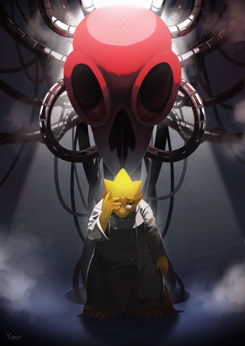 1girl, absurdres, alphys, artist_name, colored_skin, creature, female_focus, full_body, glasses, half-closed_eyes, hand_over_eye, highres, lab_coat, machinery, sad, skull, smoke, solo, tail, undertale, utdr_(toby_fox), yellow_skin, yulpen