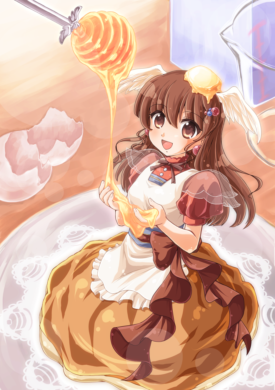 1girl, apron, asaesaya, brown_eyes, brown_hair, butter, dress, eggshell