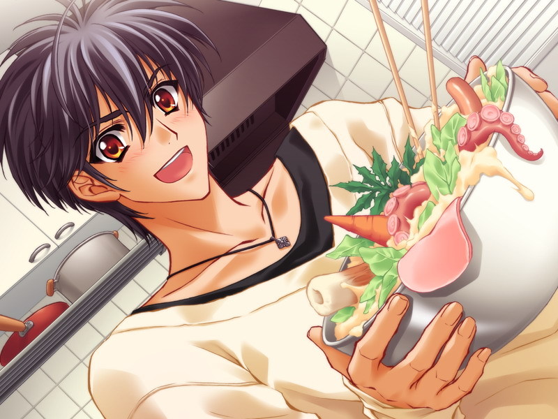 1boy, bad_food, black_hair, black_shirt, blouse, brown_eyes, carnelian, carrot, cooking_pot, failure, food, frying_pan, game_cg, hair_between_eyes, happy, jewelry, kitchen, male_focus, messiah_(game), necklace, octopus, sasamori_ryouta, sausage, shirt, solo