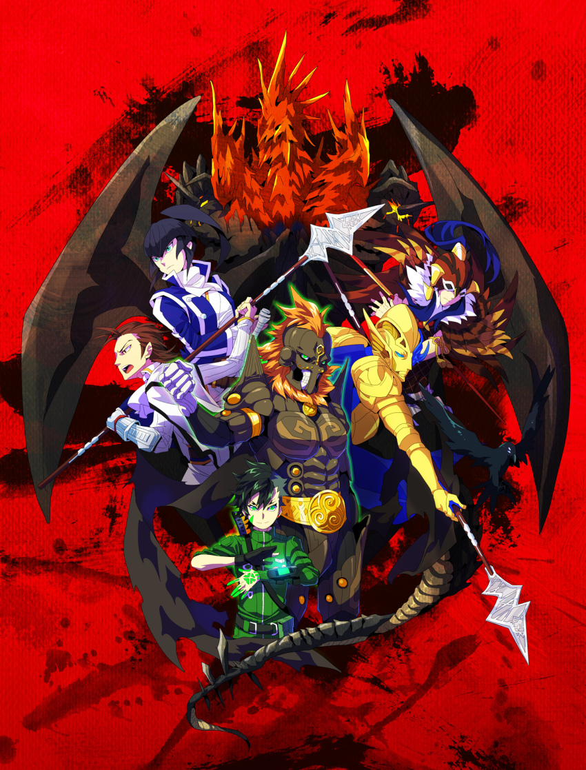 6+boys, am_(blackant), beard, bird, black_hair, brown_hair, clenched_hand, crow