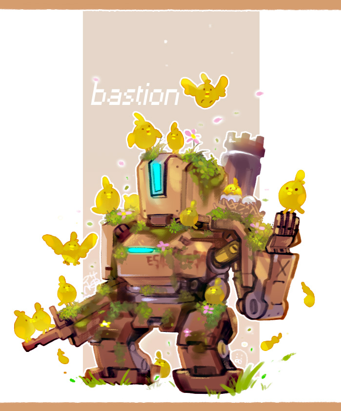 aa2233a, alternate_costume, bastion_(overwatch), bird, character_name, egg, flower, moss, nest, no_humans, non-humanoid_robot, overgrown, overgrown_bastion, overwatch, overwatch_1, robot