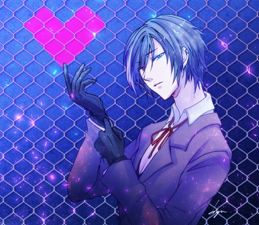 1boy, blue_eyes, blue_hair, fire_emblem, gloves, heart, kagamilium, male_focus, matching_hair/eyes, multicolored_hair, nintendo, open_mouth, solo, tokyo_mirage_sessions_fe, tsurugi_yashiro, two-tone_hair, white_hair