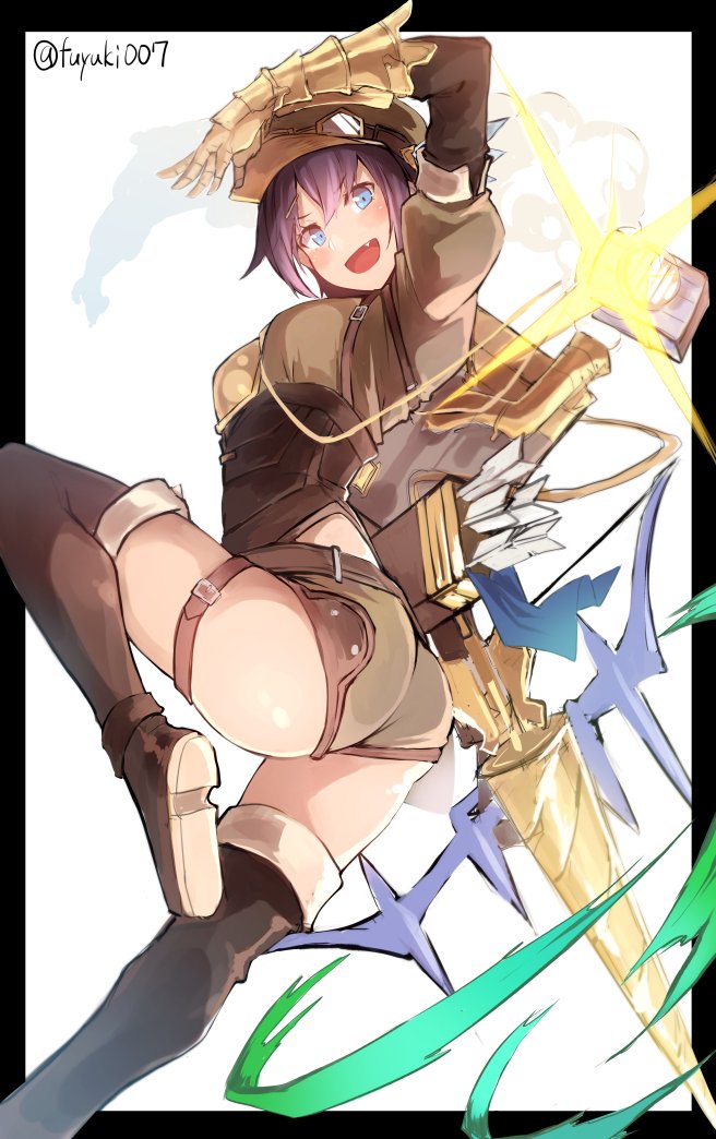 10s, ass, black_hair, blue_eyes, boots, bow_(weapon), drill, feena_(shingeki_no_bahamut), gauntlets, gloves, granblue_fantasy, hat, nanahara_fuyuki, shingeki_no_bahamut, short_shorts, shorts, solo, thigh_boots, thighhighs, weapon