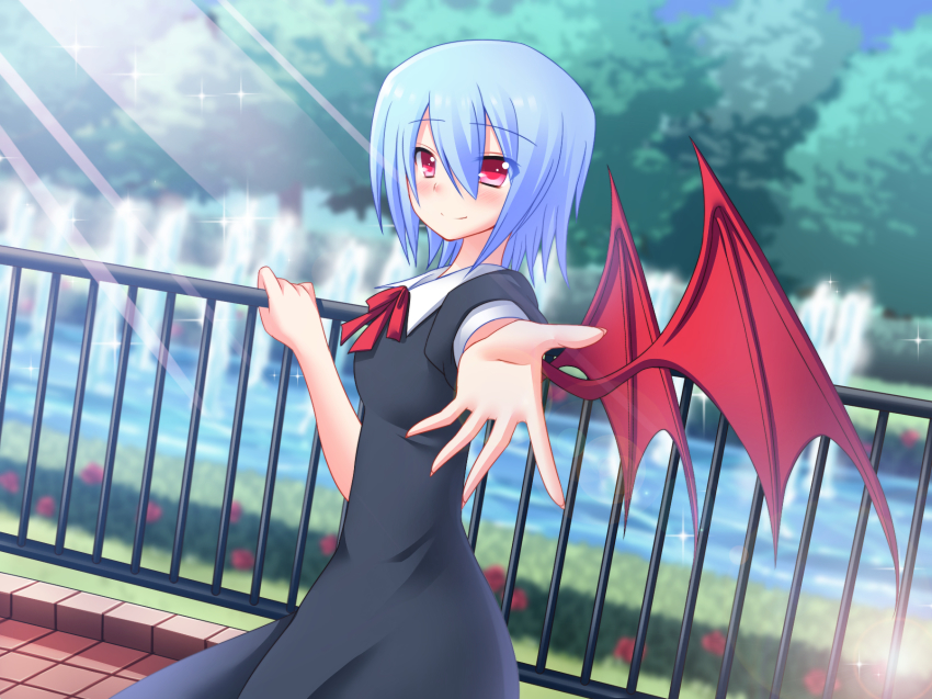 1girl, bad_id, bad_pixiv_id, bat_wings, bemani, blue_hair, blurry, blush, bush, cowboy_shot, depth_of_field, dress, eyebrows, eyes_visible_through_hair, female_focus, flower, foreshortening, fountain, genderswap, genderswap_(mtf), hair_between_eyes, highres, holding, looking_at_viewer, muraji0419, outstretched_hand, pop'n_music, railing, red_eyes, ribbon, short_hair, short_sleeves, smile, solo, sunlight, tree, water, wings, yuli_(pop'n_music)