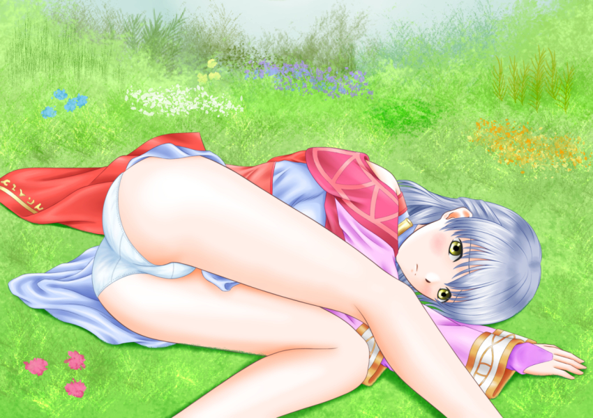 1girl, ass, bare_shoulders, blush, bridal_gauntlets, clothes_lift, detached_sleeves, dress, dress_lift, embarrassed, female_focus, fire_emblem, fire_emblem:_radiant_dawn, gloves, grass, half_updo, ks_(ks19880224), legs, long_hair, lying, micaiah_(fire_emblem), micaiah_(queen_of_dawn)_(fire_emblem), nintendo, on_side, panties, silver_hair, sleeveless, sleeveless_dress, solo, underwear, white_panties, yellow_eyes