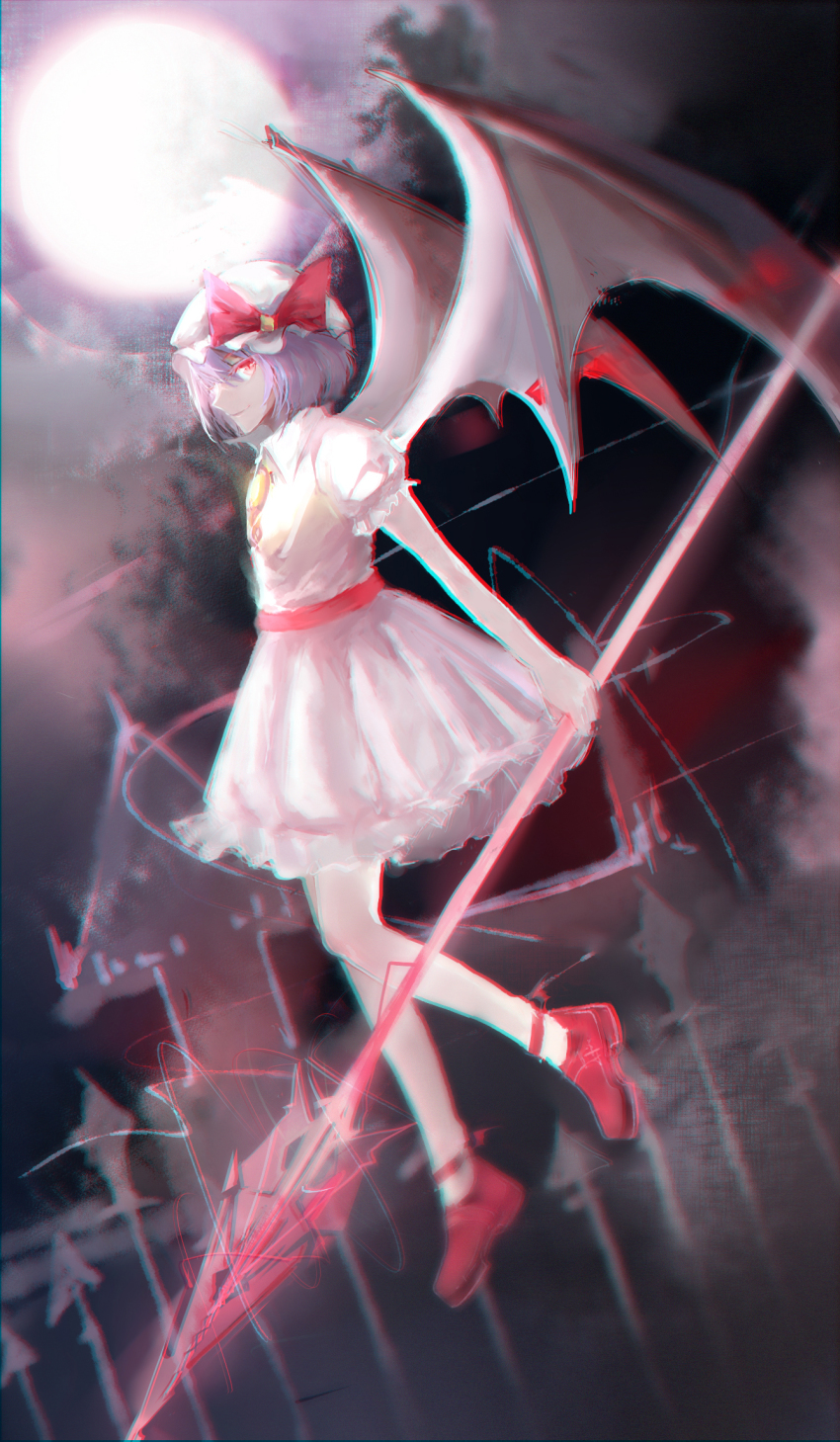 1girl, anaglyph, ankle_ribbon, bad_id, bad_pixiv_id, bat_wings, blurry, blurry_background
