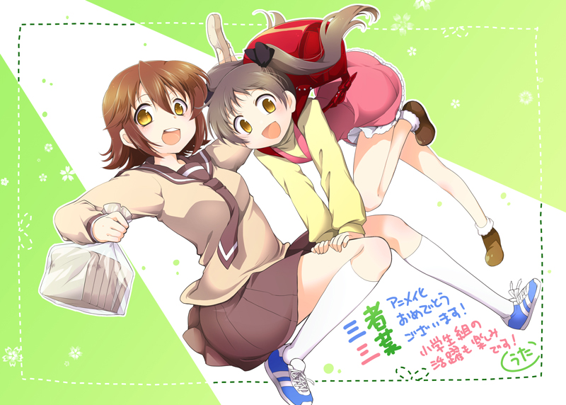 2girls, :d, announcement_celebration, backpack, bag, black_hair, bread, brown_hair