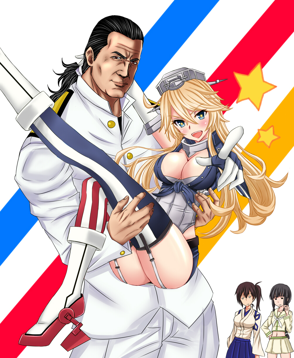 10s, admiral_(kancolle), asymmetrical_legwear, blonde_hair, blue_eyes, boots, braid, breasts