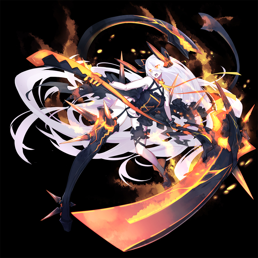 1girl, absurdly_long_hair, abyssal_ship, axe, bikini, bikini_bottom_only, black_background, black_bikini, colored_skin, commentary_request, enemy_zuikaku_(warship_girls_r), female_focus, full_body, gloves, glowing, glowing_eyes, horns, long_hair, ns_(ntrsis), official_art, open_mouth, orange_eyes, personification, scarf, simple_background, solo, swimsuit, very_long_hair, warship_girls_r, weapon, white_hair, white_skin, zuikaku_(zhan_jian_shao_nyu)_(enemy)