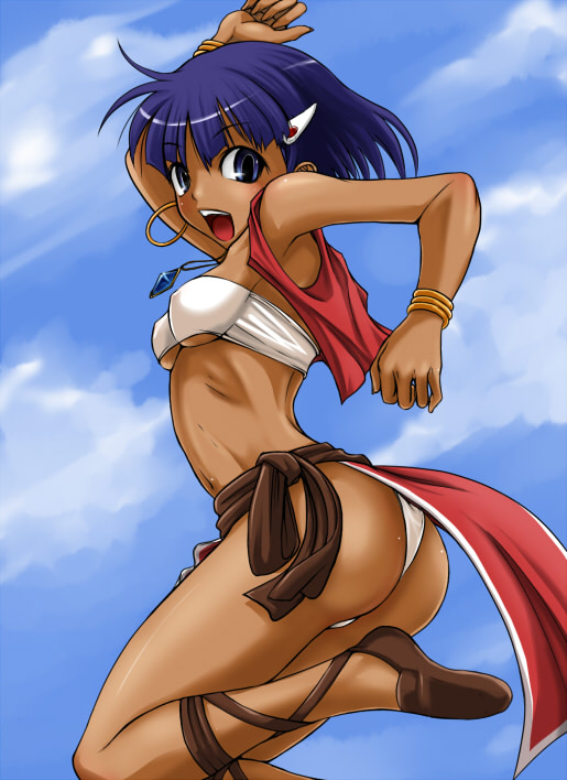 1990s_(style), 1girl, ass, bandeau, bandeau_bikini, bare_shoulders, blue_eyes, bracelet, breasts, covered_erect_nipples, cross-laced_footwear, dark-skinned_female, dark_skin, day, earrings, female_focus, fushigi_no_umi_no_nadia, hair_ornament, hairclip, jewelry, jumping, loincloth, medium_breasts, midriff, nadia_la_arwall, panties, pelvic_curtain, purple_hair, retro_artstyle, sandals, short_hair, shouting, sky, solo, strapless, taku-tama, tube_top, underboob, underwear, vest