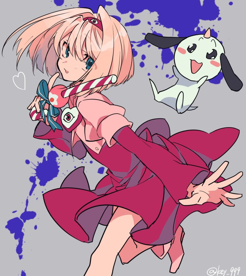 00s, 1girl, aqua_eyes, blonde_hair, blush_stickers, candy, candy_cane, dai_mahou_touge, dress, eyebrows, female_focus, finger_to_mouth, food, grey_background, hair_between_eyes, hairband, heart, highres, holding, horns, looking_at_viewer, mochizuki_kei, open_mouth, outstretched_arm, paint_splatter, paya-tan, short_hair, single_horn, solo, staff, standing, standing_on_one_leg, tanaka_punie, twitter_username, yamada_kei