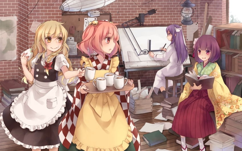 4girls, :o, apron, asakura_rikako, bell, black_dress, blonde_hair, book