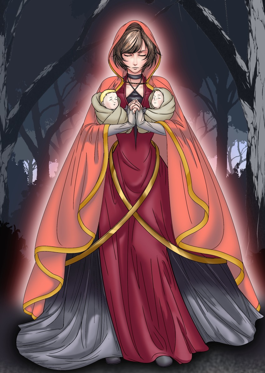 1boy, 2girls, absurdres, baby, blonde_hair, brother_and_sister, brown_hair, closed_eyes, dress, evillious_nendaiki, forest, gretel_(evillious_nendaiki), hansel_(evillious_nendaiki), highres, kagamine_len, kagamine_rin, long_dress, majo_salmhofer_no_toubou_(vocaloid), meiko_(vocaloid), meta_salmhofer, mother_and_child, mother_and_daughter, mother_and_son, multiple_girls, nature, parent_and_child, praying, red_dress, robe, short_hair, siblings, tokudaiji, tree, twins, veil, vocaloid