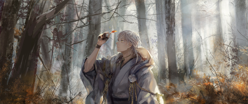 10s, 1boy, 38ban, black_gloves, forest, gloves, highres, hood