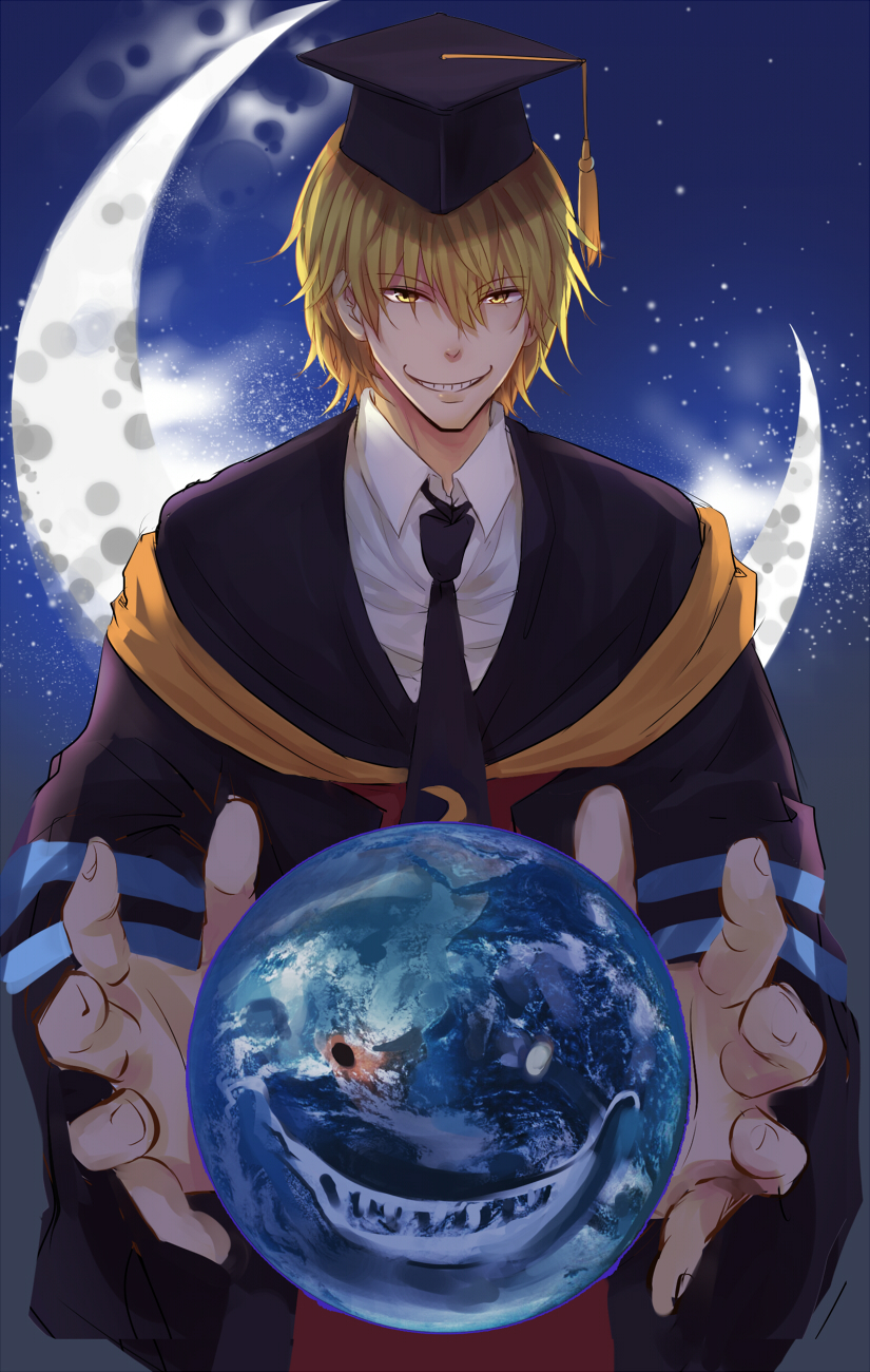 10s, 1boy, alternate_form, ansatsu_kyoushitsu, black_jacket, black_necktie, blonde_hair, collared_shirt, crescent_moon, dress_shirt, earth_(planet), evil_grin, evil_smile, floating, floating_object, formal_clothes, grin, hat, highres, jacket, koro-sensei, long_sleeves, looking_at_viewer, male_focus, moon, necktie, orb, personification, planet, robe, shirt, smile, solo, suit, tassel, wing_collar, yellow_eyes, zhong1234
