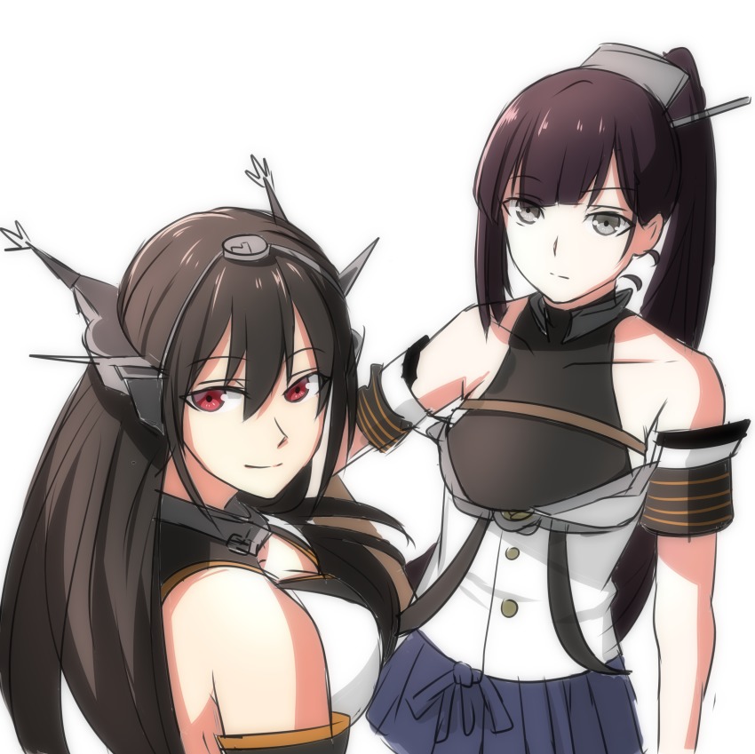 10s, 2girls, absurdres, bare_shoulders, black_hair, breasts, collarbone, dual_persona