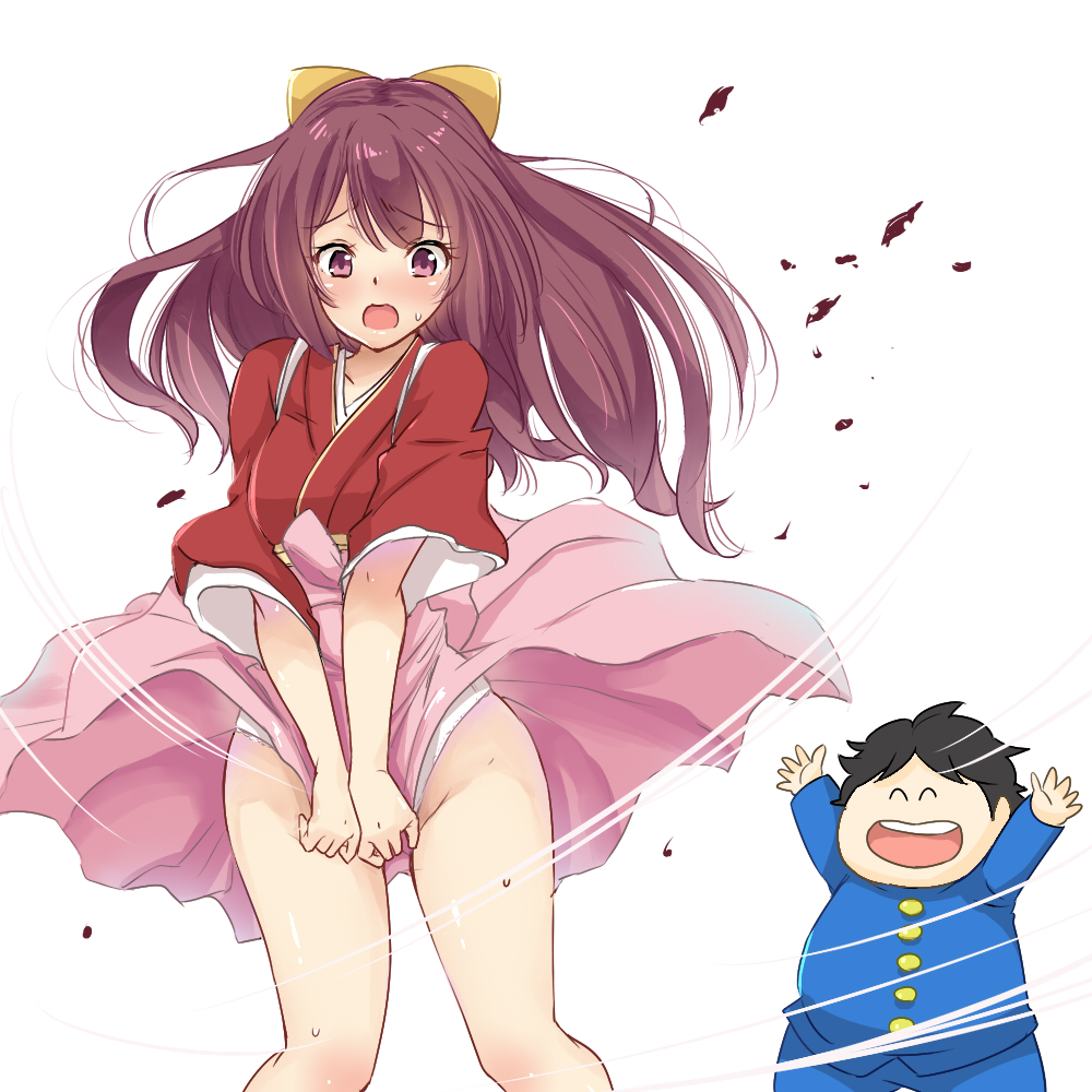 10s, 1boy, 1girl, brown_eyes, brown_hair, clothes_lift, covering_crotch, covering_privates, crossover, hakama, hakama_lift, hakama_skirt, japanese_clothes, kamikaze_(kancolle), kantai_collection, kimono, long_hair, meiji_schoolgirl_uniform, panties, pantyshot, pink_hakama, sarfata, sarutobi_nikumaru, sasuga_no_sarutobi, skirt, skirt_tug, tasuki, underwear, wind, wind_lift