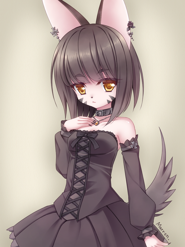 1girl, :<, animal_ears, artist_name, bare_shoulders, black_dress, black_hair, bow