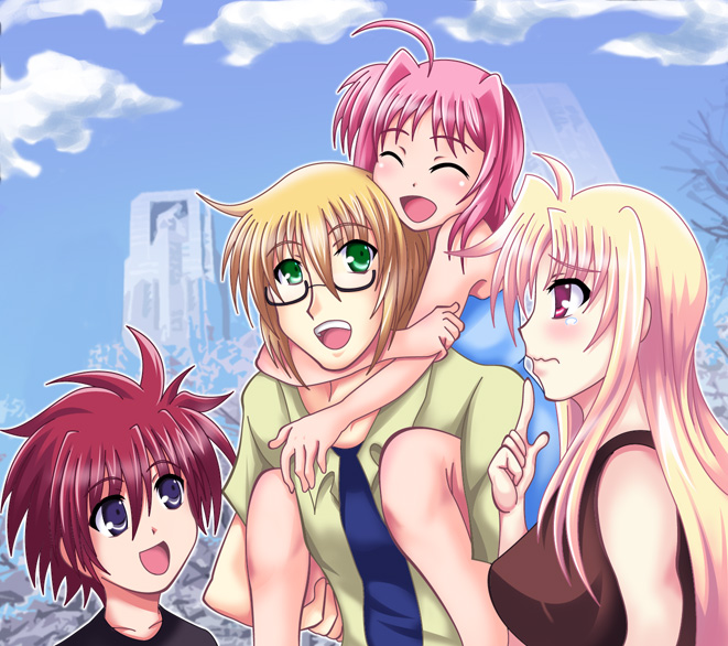 00s, 2boys, 2girls, ^_^, ahoge, blonde_hair, blush, caro_ru_lushe