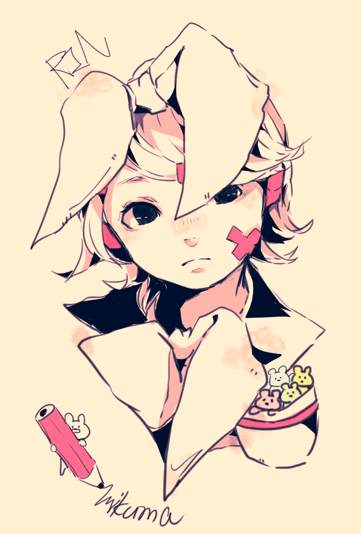 1girl, 3kuma, artist_name, bandaid, bandaid_on_face, beige_background, black_eyes, bow